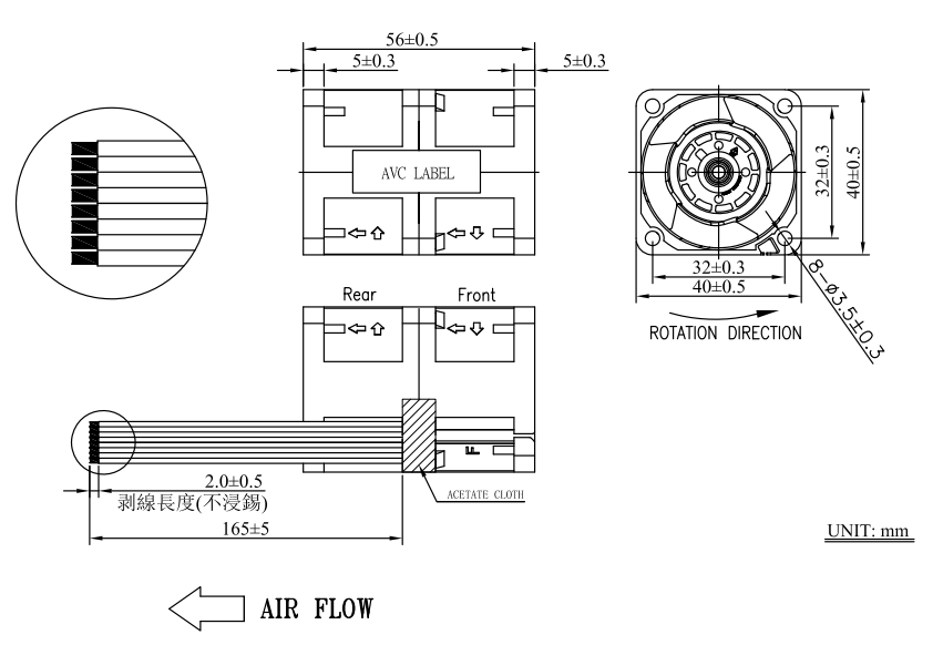 AVC奇鋐DFPK0456B2G 40x40x56mm DC双重反转散热风扇|12V 3.6A 36W 32000RPM IP55防水双滚珠风机03